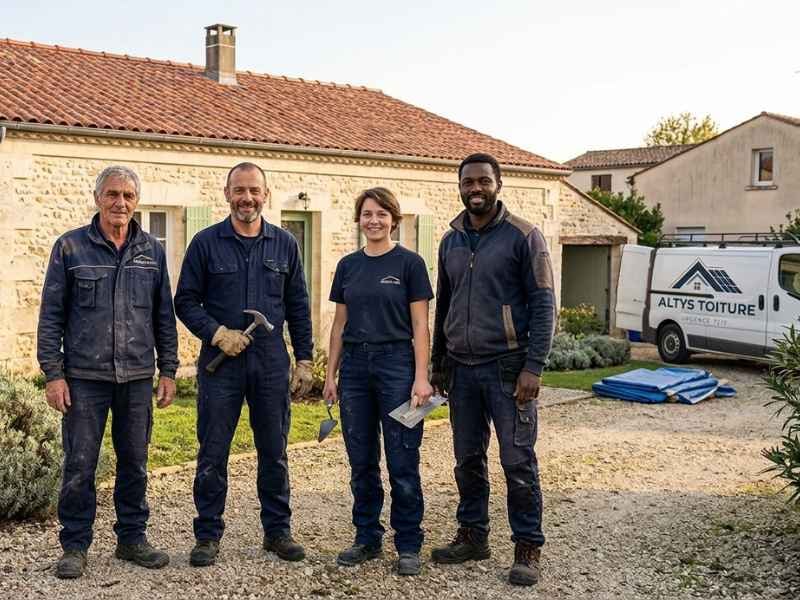 L’équipe d’Altys Toiture Salleboeuf devant son fourgon, outils à la main, après une intervention en Gironde